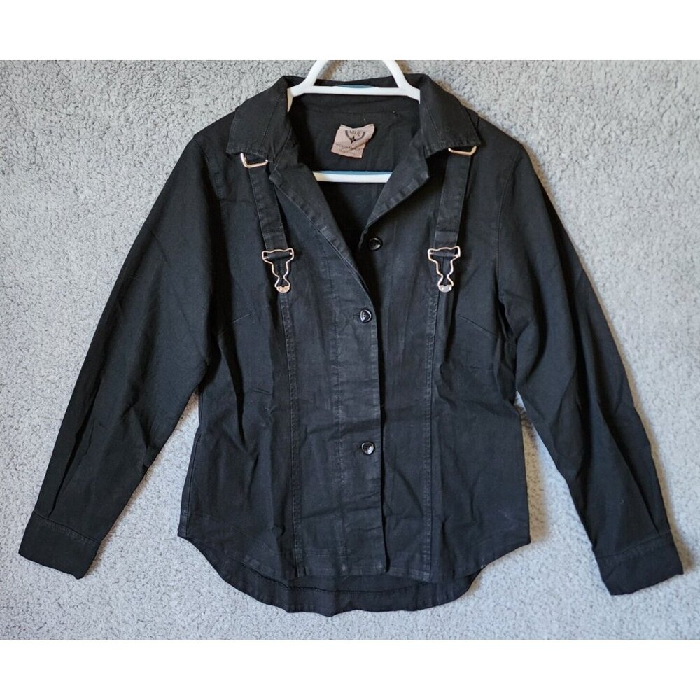 Wendy Trendy Long Sleeve Button Up Collared Top Faux‎ Overall Straps Black Sz L